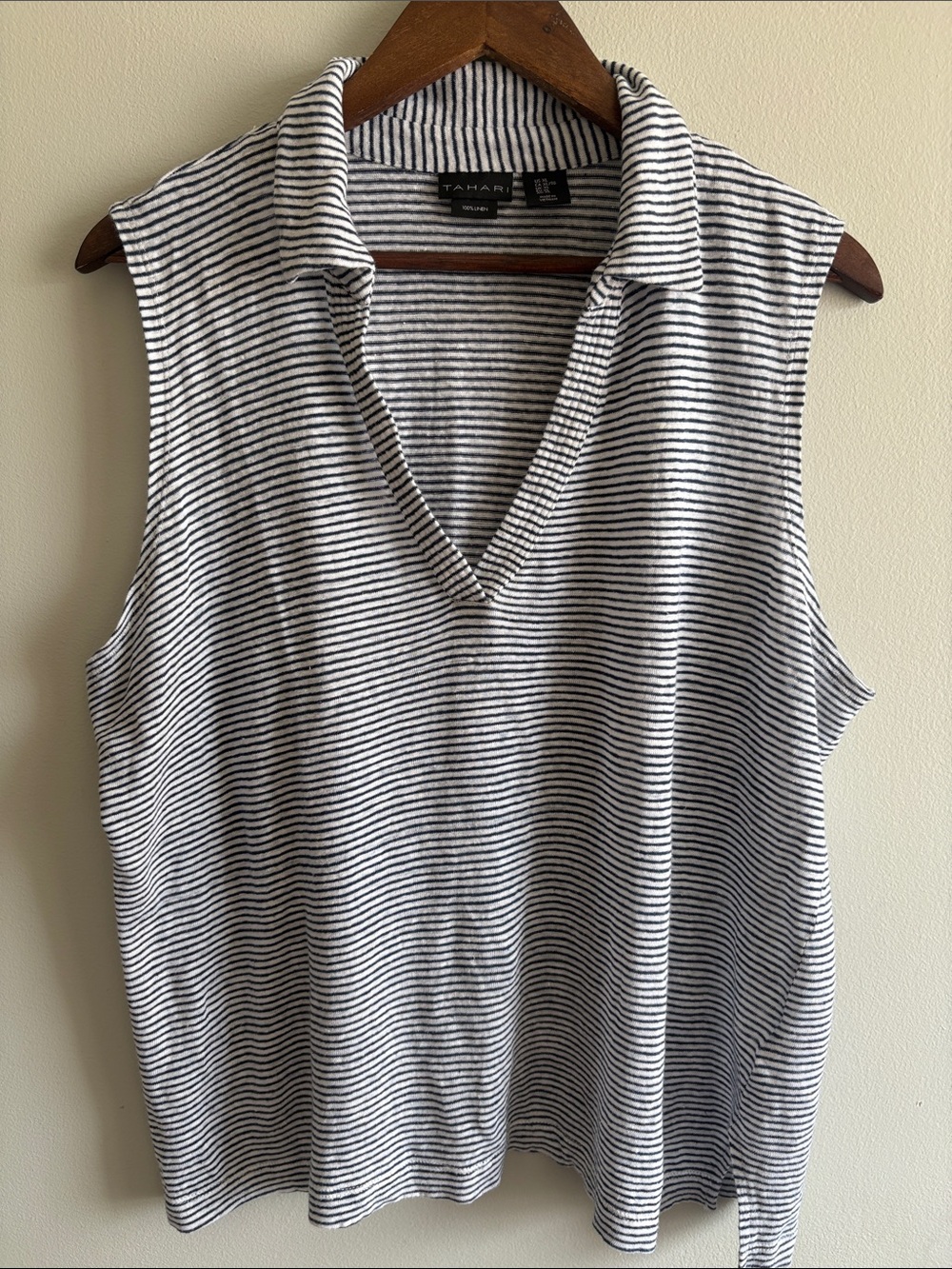 Tahari 100% Linen Striped Sleeveless Collared Top XL